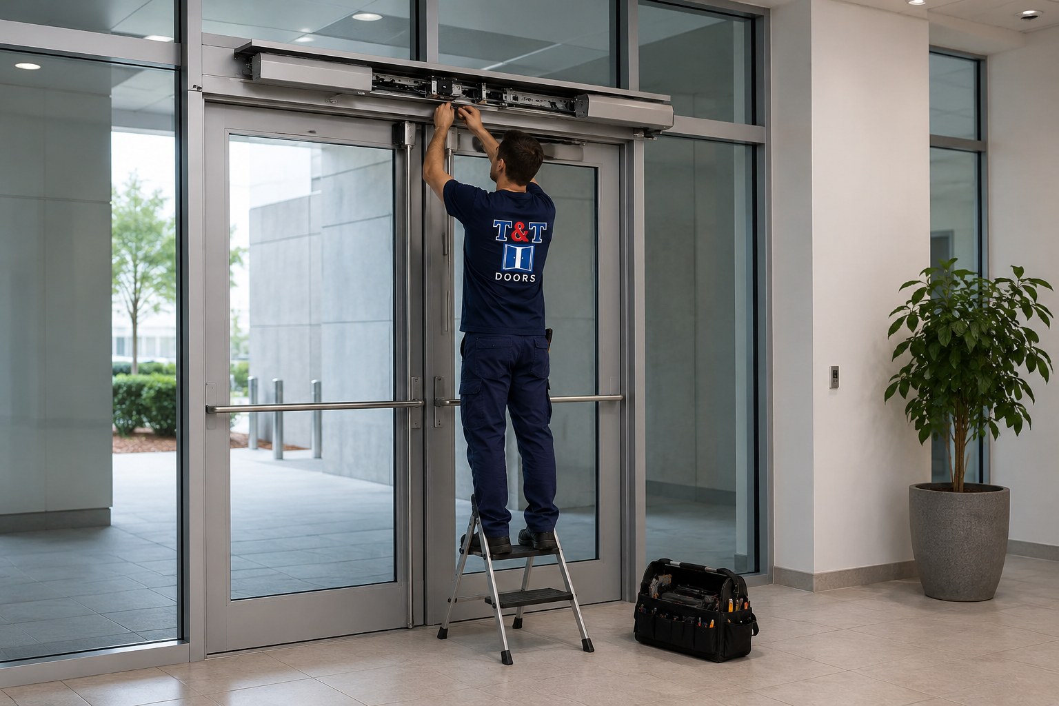 T&T Doors technician installing an automatic sliding door in New Jersey